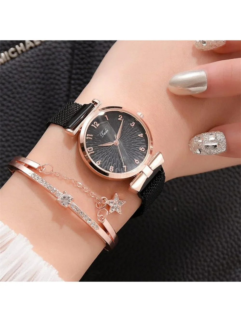 Women's Black Analog Quartz Classic Alloy Strap Crystal Bracelet Set Wrist Watch